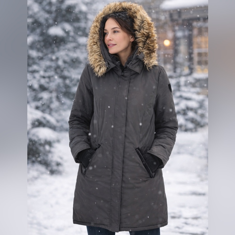 Vince Camuto Womens Down Parka Coat Jacket Large‎ Gray Faux Fur Hood Mid Length